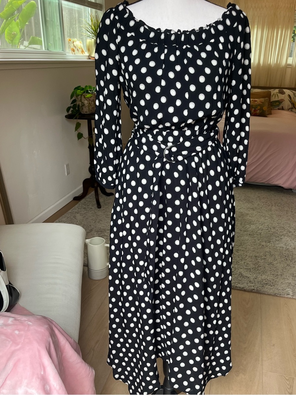 Maeve Anthropologie Dress Women Sz 0 Black Polka Dot Off Shoulder Maxi Belt NWT